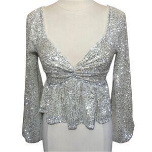 Audrey Parks Ivory w/sliver sequins and ballon sleeves w/tool trim Size Small
